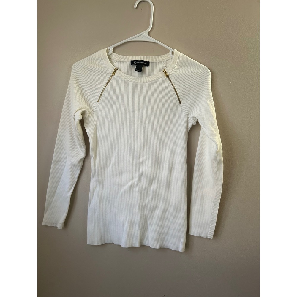 Y2K INC Womens White Ribbed Long Sleeve Sweater Gold Size M Preppy Feminine Cute